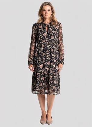 Rochie midi imprimeu fantezie mâneci lungi negru GEVANA femeie