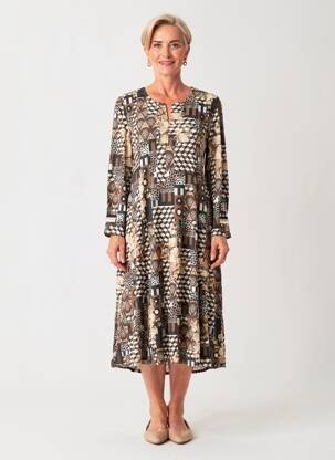 Rochie midi imprimeu fantezie mâneci lungi negru GEVANA femeie