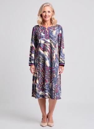 Rochie midi imprimeu fantezie mâneci lungi albastru GEVANA femeie