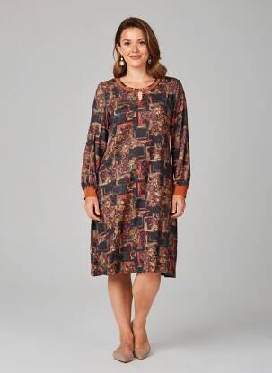 Rochie midi imprimeu fantezie mâneci lungi portocalie GEVANA femeie