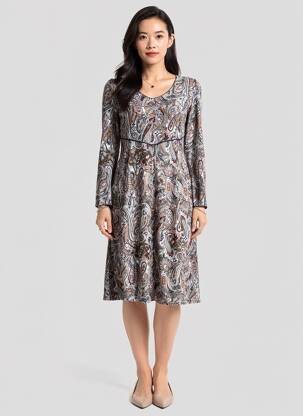 Rochie midi imprimeu fantezie mâneci lungi albastru GEVANA femeie