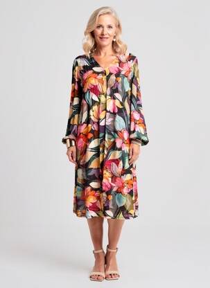 Rochie midi imprimeu fantezie mâneci lungi portocalie GEVANA femeie