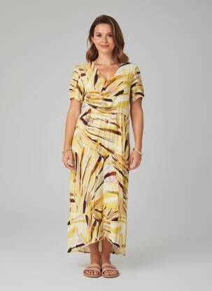 Rochie lungă țesătură poplin mâneci scurte galben GEVANA femeie