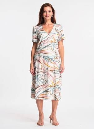 Rochie midi țesătură crep mâneci scurte bej GEVANA femeie
