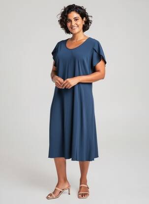 Rochie midi închidere cu fermoar la spate mâneci scurte albastru GEVANA femeie