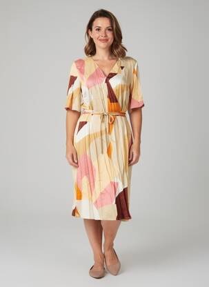 Rochie midi imprimeu fantezie mâneci scurte bej GEVANA femeie