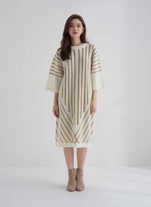 Rochie pulover elasticitate mâneci 3/4 bej B.YOUNG femeie