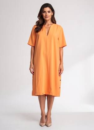 Rochie midi țesătură crep mâneci scurte portocalie EVA KAYAN femeie