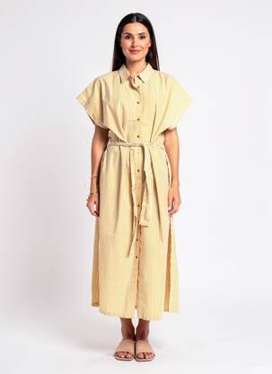 Rochie lungă mâneci scurte mâneci scurte galben ELLE EST OU LA MER femeie
