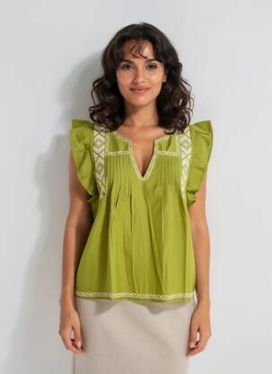 Bluză țesătură poplin mâneci scurte verde MD'M femeie