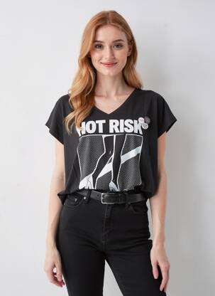Tricou guler în v mâneci scurte negru NEWTONE femeie