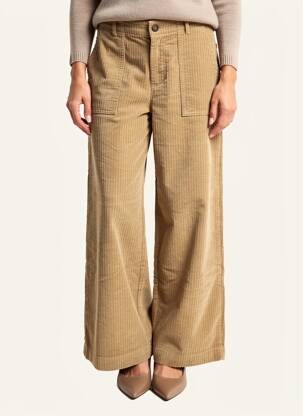 Pantalon larg închidere cu fermoar sub clapetă cu nasturi talie înaltă bej SEE U SOON femeie