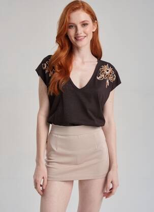 Tricou guler în v mâneci scurte maro SCOTCH & SODA femeie