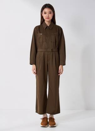 Salopetă-pantalon guler de bluză mâneci lungi maro SUNCOO femeie