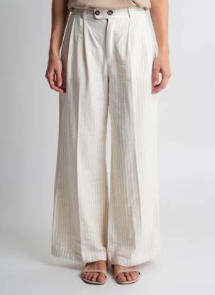 Pantalon larg țesătură poplin talie înaltă bej LEON & HARPER femeie