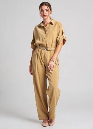Salopetă-pantalon țesătură crep mâneci scurte bej LA PETITE FRANCAISE femeie