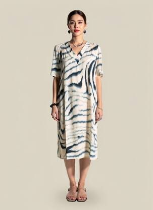 Rochie midi croială fluidă mâneci scurte bej SIGNE NATURE femeie