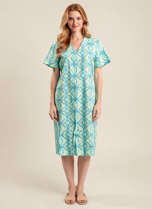 Rochie midi imprimeu fantezie mâneci scurte albastru SIGNE NATURE femeie
