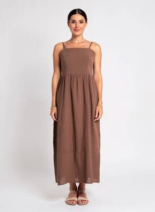 Rochie lungă țesătură crep bretele subțiri maro LE JARDIN DU LIN femeie