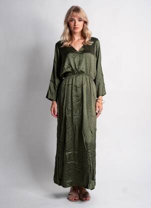 Rochie lungă imprimeu fantezie mâneci lungi verde GRACE & MILA femeie
