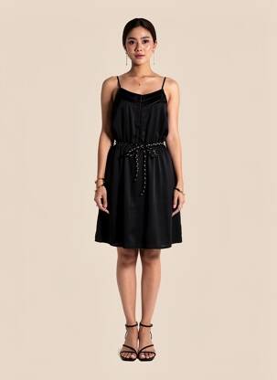 Rochie midi țesătură crep bretele subțiri negru MOLLY BRACKEN femeie