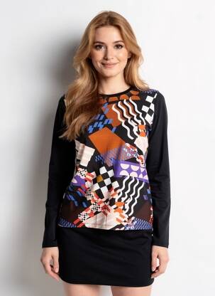 Tricou imprimeu fantezie mâneci lungi negru MALOKA femeie