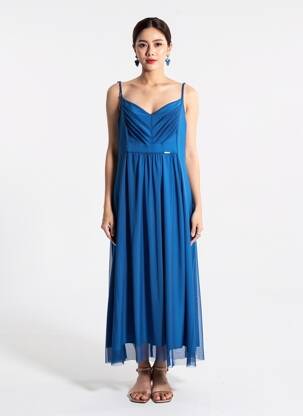 Rochie lungă croială cambrată bretele subțiri albastru MALOKA femeie