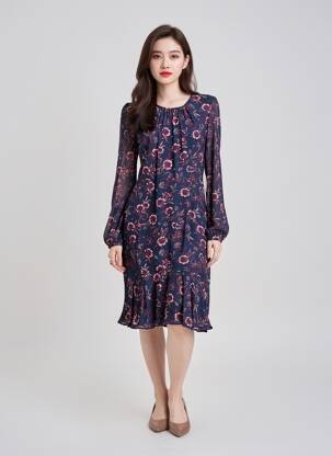 Rochie midi imprimeu floral mâneci lungi albastru TOMMY HILFIGER femeie