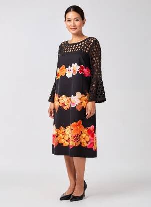 Rochie midi imprimeu floral mâneci 3/4 negru FUEGO WOMAN femeie