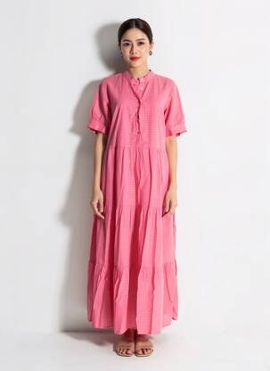 Rochie lungă croială evazată mâneci scurte roz IMPREVU femeie