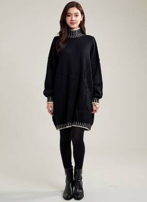 Rochie pulover elasticitate mâneci lungi negru IKOONE&BIANKA femeie