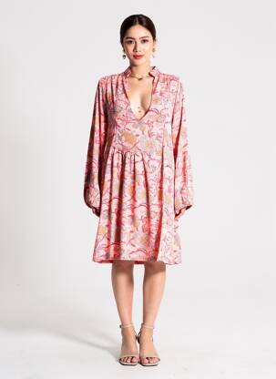 Rochie midi imprimeu fantezie mâneci lungi portocalie SINOE BY BAMBOO'S femeie