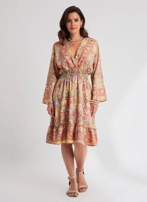 Rochie midi țesătură crep mâneci lungi galben SINOE BY BAMBOO'S femeie