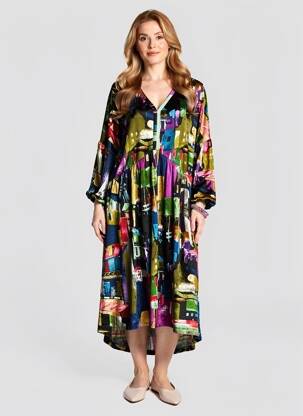 Rochie midi imprimeu fantezie mâneci lungi violet ORIENTIQUE NATURALLY femeie