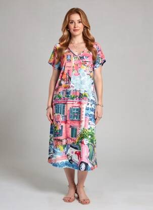 Rochie midi imprimeu fantezie mâneci scurte roz ORIENTIQUE NATURALLY femeie