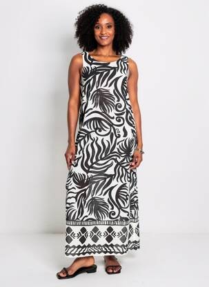Rochie lungă imprimeu fantezie fără mâneci negru ORIENTIQUE NATURALLY femeie