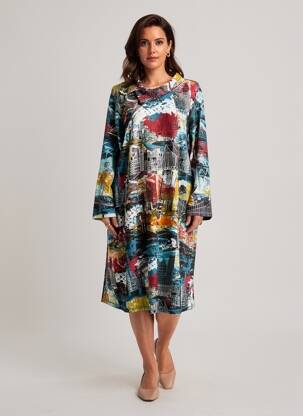 Rochie midi imprimeu fantezie mâneci lungi albastru ORIENTIQUE NATURALLY femeie