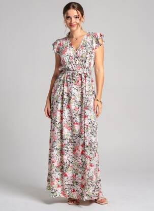 Rochie lungă imprimeu floral mâneci scurte roșu D&X femeie