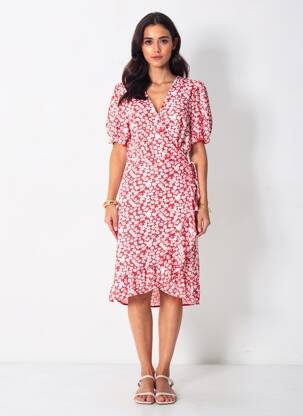 Rochie midi imprimeu floral mâneci scurte roșu ELENA Z femeie