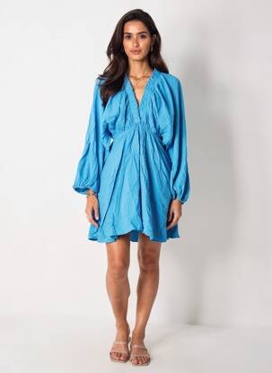 Rochie midi țesătură crep mâneci lungi albastru L'ESSENTIEL femeie