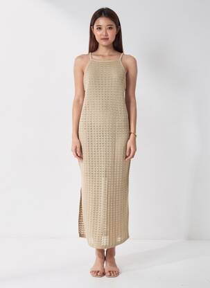 Rochie lungă croială cambrată bretele subțiri bej TIFFOSI femeie