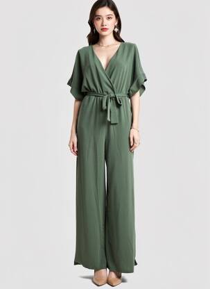 Salopetă-pantalon guler petrecut mâneci scurte verde TIFFOSI femeie