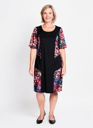 Rochie midi imprimeu floral mâneci scurte negru HALOGENE femeie