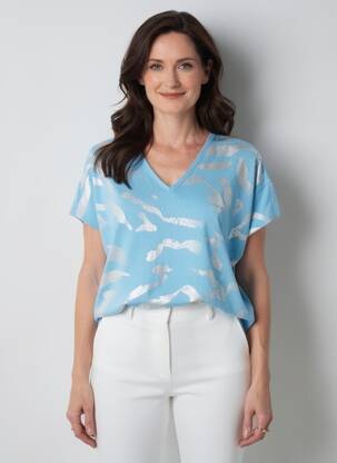 Tricou croială dreaptă mâneci scurte albastru MARBLE femeie