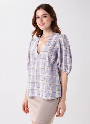 Bluză țesătură poplin mâneci 3/4 violet GANNI femeie