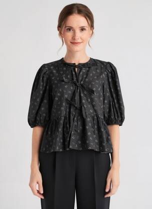 Cămașă imprimeu floral mâneci 3/4 negru GANNI femeie
