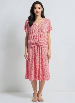 Rochie midi imprimeu floral mâneci scurte roșu MARBLE femeie
