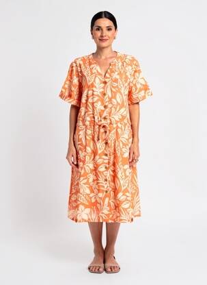 Rochie midi imprimeu floral mâneci scurte portocalie ARMOR LUX femeie