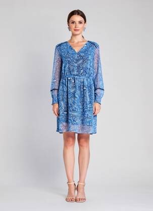 Rochie scurtă croială fluidă mâneci lungi albastru C'EST BEAU LA VIE femeie