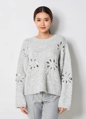 Pulover țesătură melanj mâneci lungi gri CHERRY PARIS femeie